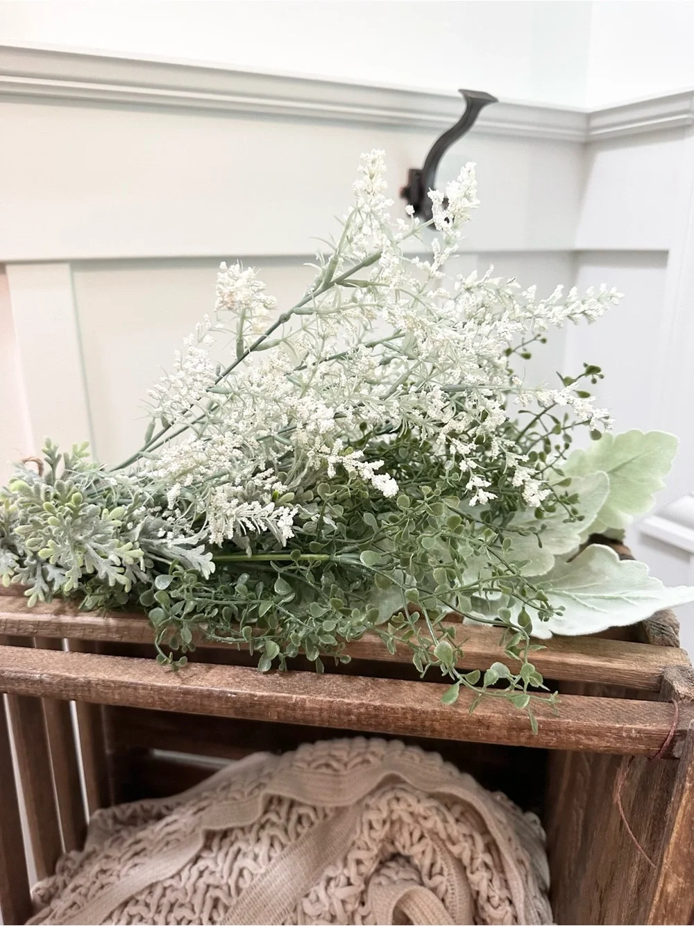 White and Sage Green Faux Floral Bouquet Arrangement Foliage Burlap Tie